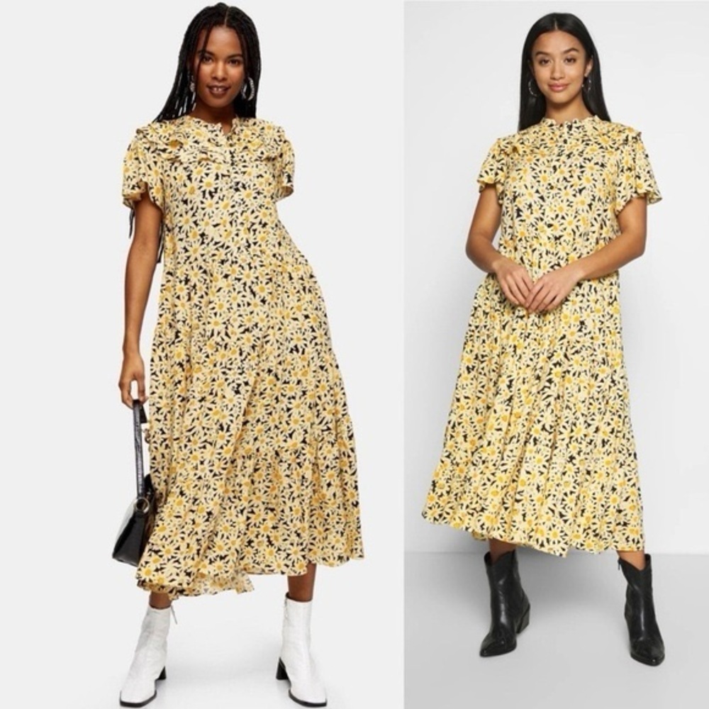 Topshop Yellow Daisy Grandad Midi Dress Floral Tiered Ruffle Festival , size 6